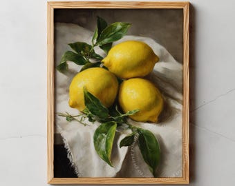 Vintage Lemon Painting Printable Rustic Kitchen Wall Art Classic Citrus Still Life Digital Download