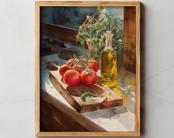Rustic Tomato Still Life, Olive Oil Kitchen Painting, Mediterranean Decor