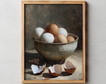 May include: A framed print of a still life painting featuring a bowl filled with brown and white eggs. Eggshells are scattered in front of the bowl. The text "PIXEL TO PRINT" is at the top.