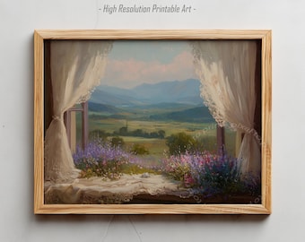 Imprimé country été | Décoration de chambre à coucher Cottagecore | Peinture de paysage floral rustique | Art mural imprimable vintage