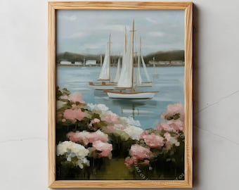 Sailboats & Hydrangeas Coastal Print | Nautical Pink Decor | Digital Download |