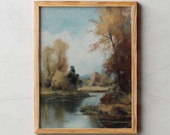 Paisagem tranquila de rio para imprimir, arte de parede neutra com tema de natureza, estilo vintage para download.