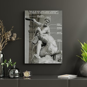 May include: A grayscale print of the sculpture "Hercules and Nessus" by Francesco I de Medici. The artwork depicts Hercules with a club, battling Nessus, a centaur. The total height is 9.4 ft. The sculpture is made of Carrara marble.