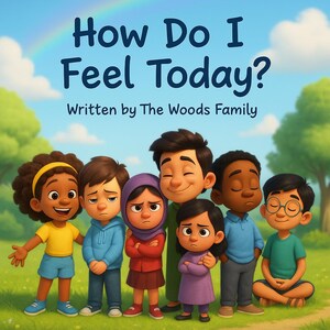 May include: A children's book cover with the title "How Do I Feel Today?" and the author's name, "Written by The Woods Family." The image features a diverse group of cartoon children, each displaying a different emotion, set against a backdrop of a rainbow and green landscape.