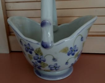 Vintage ANDREA by SADEK BASKET with Handle - Purple Violet Floral Design on White Porcelain - Made in Thailand