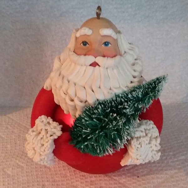 ROLY POLY SANTA w/Christmas Tree Ornament - Beard-Hair & Cuffs are Poly,er Clay