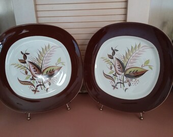 Two 10&quot; Square DINNER PLATES - Jamaica Pattern - Conversation Design from Taylor Smith Taylor by Walter Dorwin Teague - Dated 9/1953