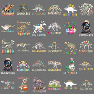 May include: A collection of colorful Easter-themed dinosaur designs. The images feature dinosaur skeletons, dinosaurs with Easter eggs, and the text "EGGASAURUS" in various fonts and colors. Perfect for Easter.