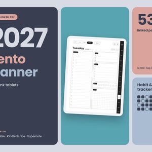 May include: A 2027 Bento Planner digital file for e-ink tablets, featuring a hyperlinked PDF interface with a daily schedule, to-do lists, and habit trackers. The layout includes 532 linked pages and 12,100 top links for navigation.