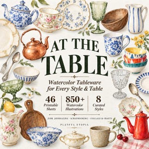 Printable Junk Journal Ephemera, Watercolor Tableware Clipart, Vintage Dishes & Teacups, 850+ Illustrations, Scrapbook Collage