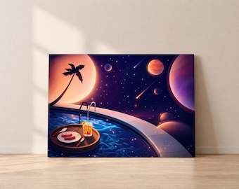 Vacation In Space Art Print, Dreamy Galaxy Night Wall Art, Surreal Universe Poster, A3 Digital Download, Fantasy Home Decor