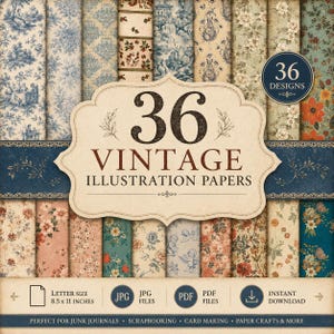 May include: A collection of 36 vintage illustration papers featuring diverse floral, toile, and patterned designs. The central label reads 36 VINTAGE ILLUSTRATION PAPERS, with bottom text indicating letter size 8.5 x 11 inches, JPG and PDF files.