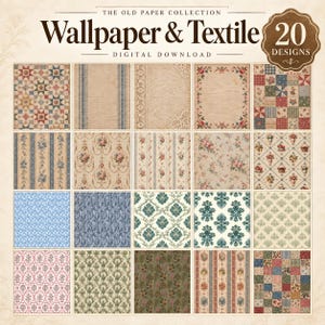 Könnte beinhalten: Eine digitale Download-Sammlung mit dem Titel The Old Paper Collection Wallpaper & Textile, die 20 verschiedene Designs umfasst. Das Raster zeigt diverse Muster, darunter Patchwork-Quilts, florale Motive, Damastdrucke und gestreifte Texturen in gedeckten Farben.