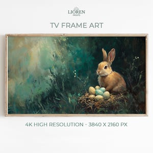 May include: A framed digital art print featuring a brown rabbit next to a nest of eggs. The artwork has a vintage style with a green and blue color palette. The text "TV FRAME ART" and "4K HIGH RESOLUTION - 3840 X 2160 PX" are visible.