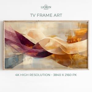 May include: Abstract art print for TV frame. The artwork features flowing shapes in shades of beige, gold, and deep purple. The print is framed in a light wood frame. Text on the image reads "TV FRAME ART" and "4K HIGH RESOLUTION - 3840 X 2160 PX".
