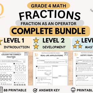 May include: A Grade 4 maths educational bundle titled Fractions as an Operator. The set includes three levels of worksheets labelled Introduction, Development, and Mastery, featuring maths problems, answer keys, and 88 printable pages in PDF format.