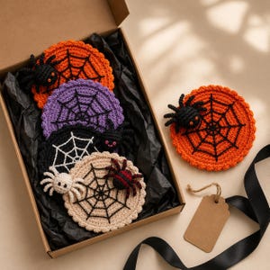 Virkad spindelnätsunderlägg, handgjord Halloween-dryckmatta, läskig höstdekoration