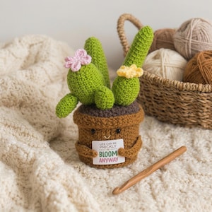 Peut inclure: Un cactus crocheté à la main dans un pot marron, avec un visage souriant et des bras tenant une pancarte qui dit "Life can be prickly, bloom anyway." Le cactus a des tiges vertes et des fleurs roses et jaunes. Un crochet en bois est à côté.
