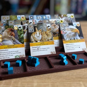 May include: A board game with animal cards and blue game pieces in a brown tray. The cards feature illustrations of various animals, including a monkey, rabbits, and an eagle. Text on the cards includes the word "Domination" and "Lapin".