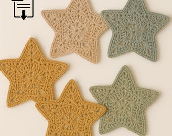 May include: Five crocheted star-shaped items in shades of tan, mustard yellow, and sage green. The stars have a textured, open weave design. The image includes a PDF icon in the upper left corner.