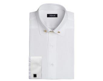 Camisa de vestir Oxford blanca para hombre / Pin de cuello dorado, puños franceses, ropa formal