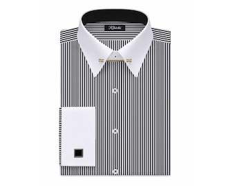 Men's Black Stripe Cotton Dress Shirt | Pin Collar, French Cuffs | Formal Business Wedding Attire