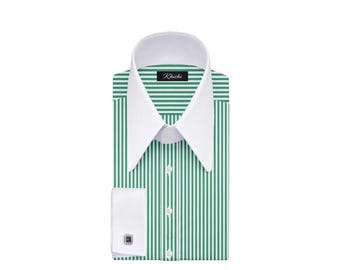 Men's Green Bengal Stripe Dress Shirt – White Contrast Collar French Cuffs Cotton