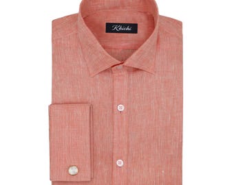 Camisa de vestir de lino color melocotón de lujo para hombre / Cuello clásico extendido / Puños franceses con gemelos / Ropa formal y de verano de lino texturizado de primera calidad.
