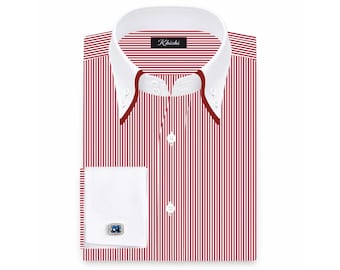 Red Striped Cotton Dress Shirt | White Contrast Double Collar, French Cuffs, Vintage Style,Formal,Wedding Wear