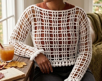Crochet Mesh Top Pattern | Crochet Bell Sleeves Cardigan | Boho Summer Crop Top Tutorial | Beginner Grid Sweater PDF + Video | Crochet Top