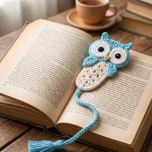 Peut inclure: Marque-page en forme de hibou crocheté bleu clair et crème, posé sur un livre ouvert. Le signet a une gland et se trouve près d'une tasse de thé, suggérant une ambiance de lecture confortable.