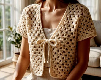 Crochet Tie Front Cardigan Pattern | Granny Stitch Summer Shrug PDF | Easy Short Sleeve Bolero | Crochet Crop Top Pattern with Video Guide