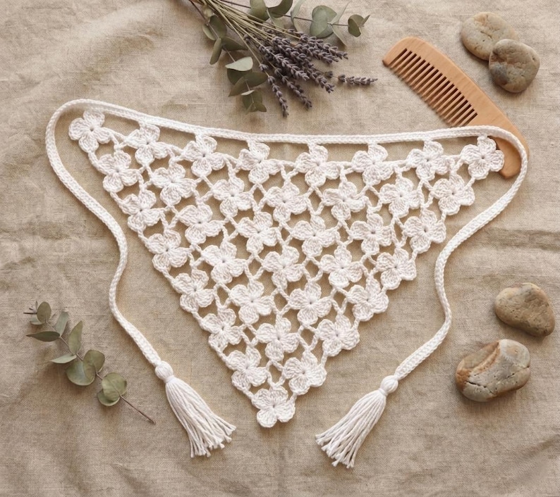 Floral Crochet Bandana Pattern | Triangle Headscarf Tutorial with Video | Easy Boho Hair Accessory PDF | Crochet Bandana Headband Pattern image 8