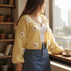 May include: A yellow crochet cardigan with white flower appliqués. The open-front sweater has long sleeves and is worn with a white top and denim skirt. A cup of coffee sits on a wooden surface.