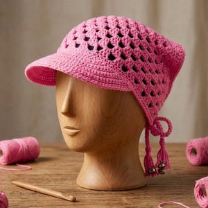 May include: A bright pink crocheted hat featuring a solid brim and an openwork stitch pattern throughout the crown. The hat includes two dangling side ties finished with small tassels and beads, providing a secure fit around the head.