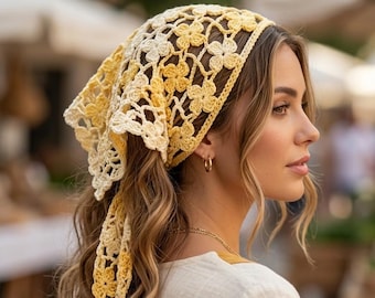 Floral Crochet Bandana Pattern | Triangle Headscarf Tutorial with Video | Easy Boho Hair Accessory PDF | Crochet Bandana Headband Pattern