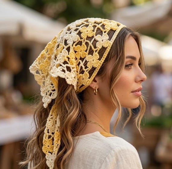 Floral Crochet Bandana Pattern | Triangle Headscarf Tutorial with Video | Easy Boho Hair Accessory PDF | Crochet Bandana Headband Pattern