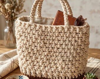 Crochet Mocha Tote Pattern | Crochet Purse Tutorial with Video Guide | Stylish Waffle Ribbing Handbag Pattern PDF | Easy Crochet Bag Pattern