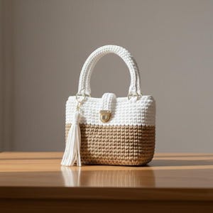 Peut inclure: Un sac à main crocheté à la main avec un dessus blanc et un fond beige. Le sac est doté d'une poignée blanche, d'un fermoir doré et d'un pompon blanc. Le sac est posé sur une surface en bois.