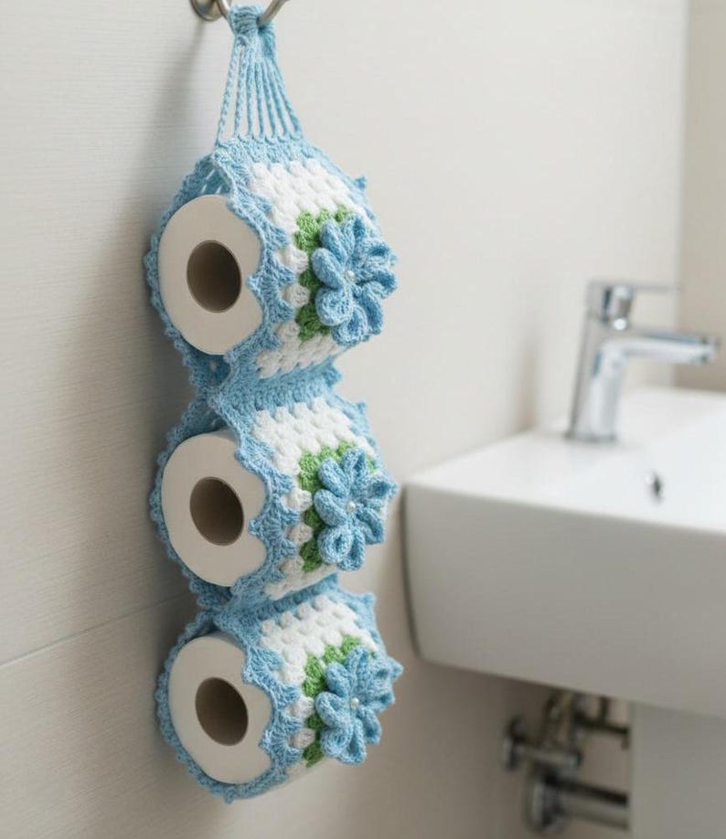 3D Flower Crochet Toilet Paper Holder Pattern | Granny Square Bathroom Decor (PDF + Video) image 1