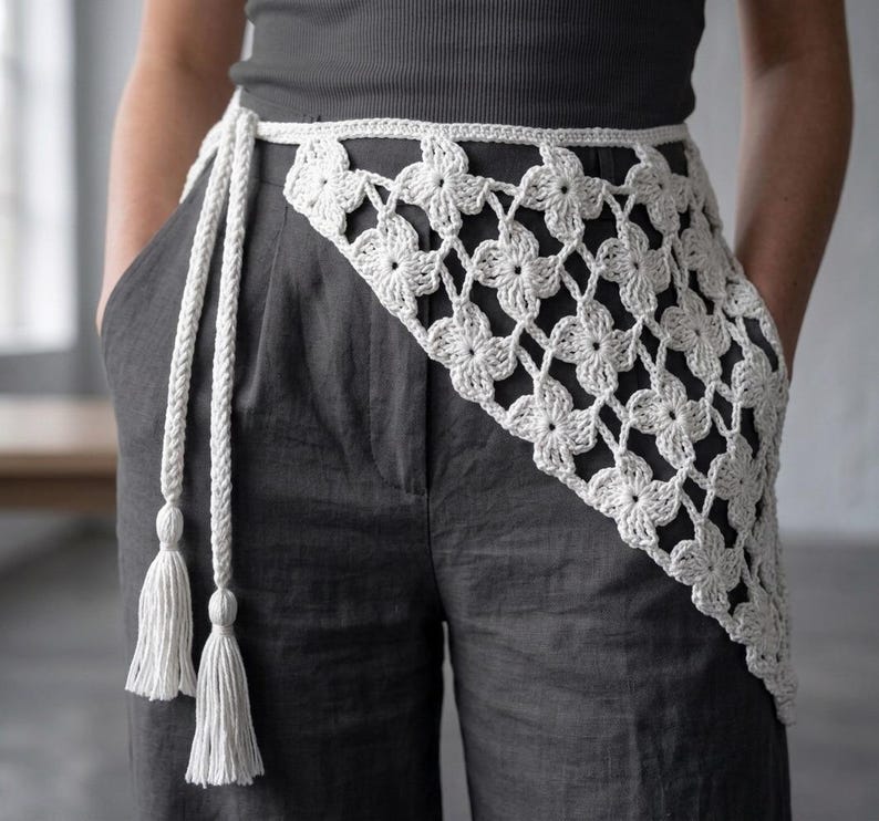 May include: A white crochet belt with a floral pattern and long braided ties with tassels. The belt is worn over gray pants and a gray top. The crochet design is open and airy.