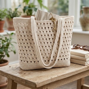 Puede incluir: Un bolso tote de crochet crema de tejido abierto con asas largas. La bolsa está sobre un banco de madera, con libros y gafas de sol cerca. Una llave cuelga del interior de la bolsa. La bolsa está vacía.