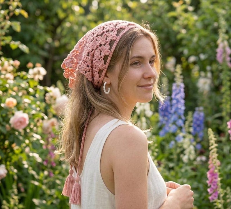 May include: A light pink crocheted headscarf with a floral pattern. The head covering has long tassels and is worn by a person in a garden setting. The headscarf is made of a soft, textured yarn.