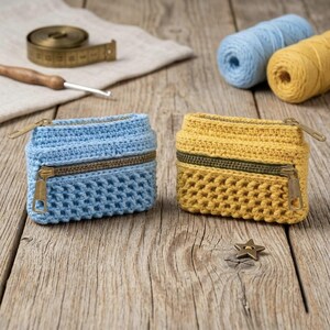 May include: Two small rectangular crochet pouches, one light blue and one yellow, each featuring a horizontal zipper closure with a metallic pull. The pouches have a textured, woven stitch pattern and are positioned on a wooden surface.