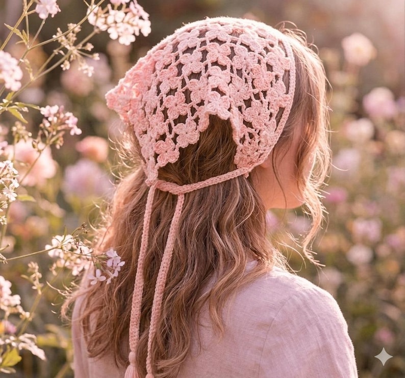 May include: A light pink, crocheted bonnet with a floral pattern. The bonnet has long ties and a tassel at the end of each tie. The bonnet is worn over long, wavy hair. The background is a soft focus of flowers.