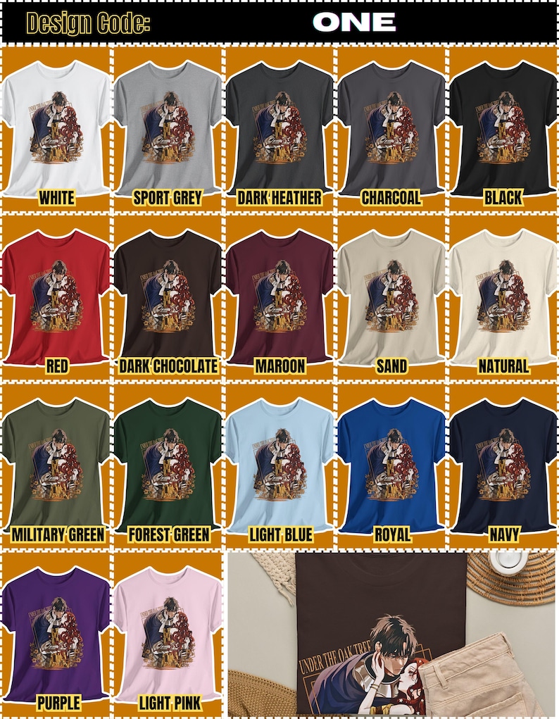 Puede incluir: Una cuadr&iacute;cula de camisetas de manga corta en varios colores, cada una con una ilustraci&oacute;n gr&aacute;fica de una pareja abraz&aacute;ndose con el texto Under the Oak Tree. Los colores incluyen blanco, gris, negro, rojo, marr&oacute;n, granate, arena, natural, verde, azul, marino, morado y rosa.