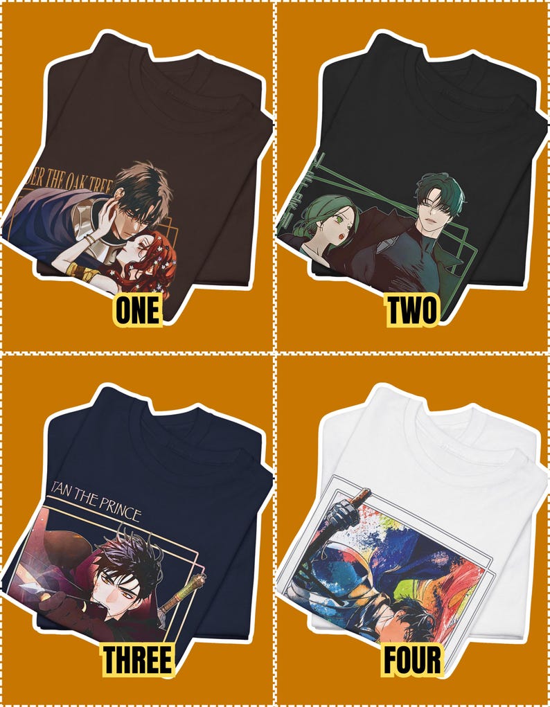 Puede incluir: Cuatro camisetas con ilustraciones de estilo anime. Una es marr&oacute;n con una pareja, dos es negra con dos personajes, tres es azul marino con un personaje y el texto 'TAN THE PRINCE', y cuatro es blanca con una escena de acci&oacute;n colorida enmarcada.