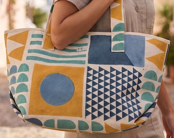 Sac cabas en toile de coton imprimée à la main, sac de voyage géométrique à bandoulière