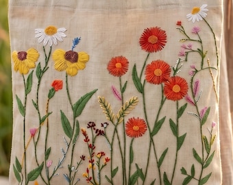 Hand Embroidered Floral Canvas Tote Bag with Zipper, Personalized Shopper