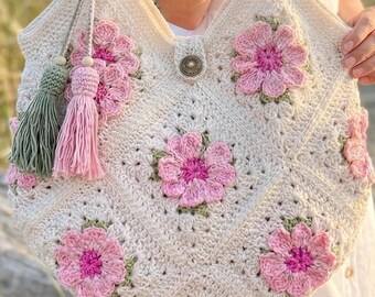 Handmade Crochet Flower Granny Square Bag, Boho Floral Tote Purse